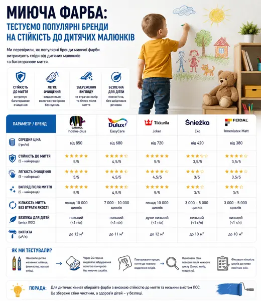 Миюча фарба: тест на стійкість до малюнків та бруду | БудПроф