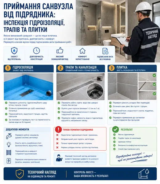 Приймання санвузла від підрядника: перевірка гідроізоляції та трапів | БудПроф