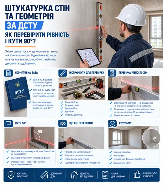 Штукатурка стін та геометрія за ДСТУ: як перевірити рівність і кути 90°